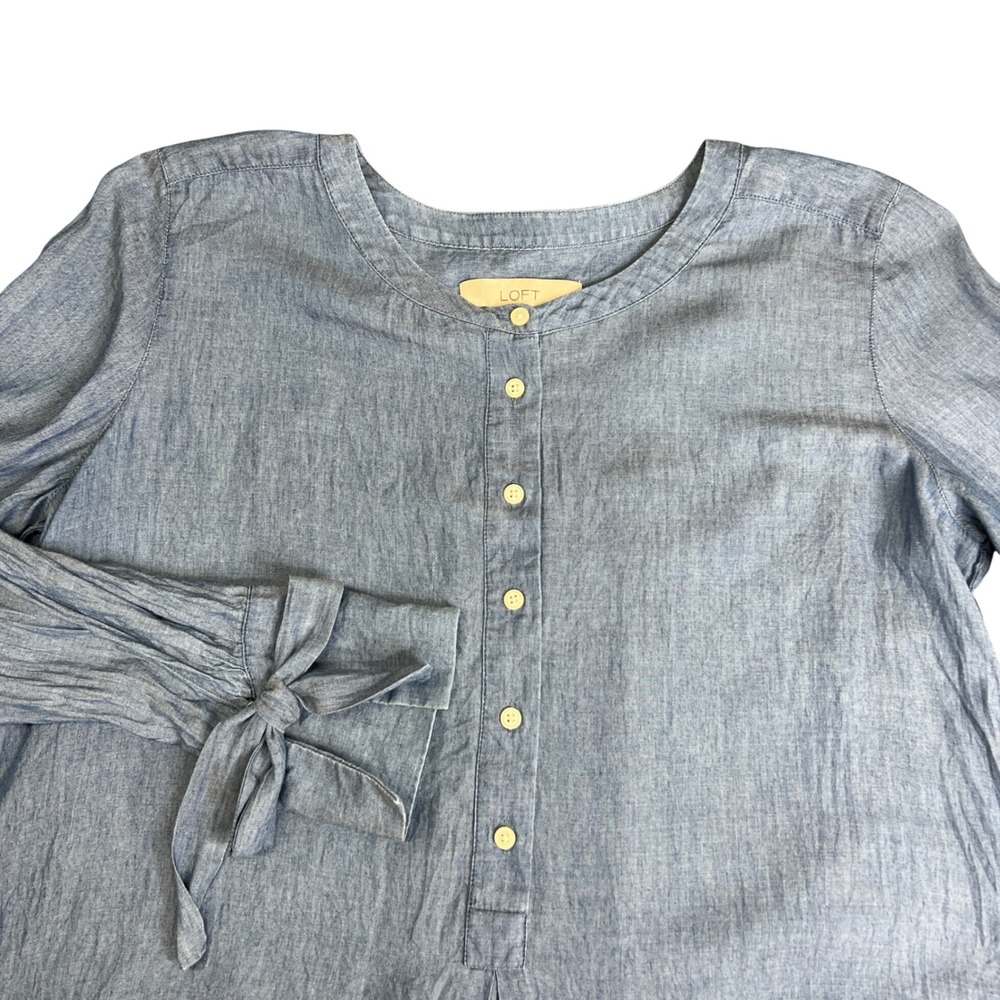 LOFT Blue Chambray Tunic Top Tie Cuff Long Sleeve Cotton Lyocell Size M